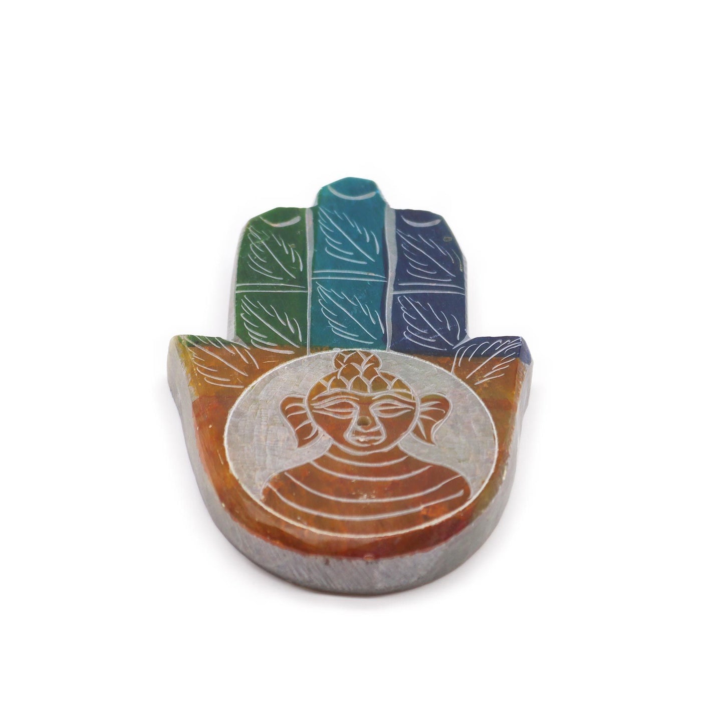 Porte-encens en stéatite — Main de Fatma et Bouddha, 9 × 6 cm