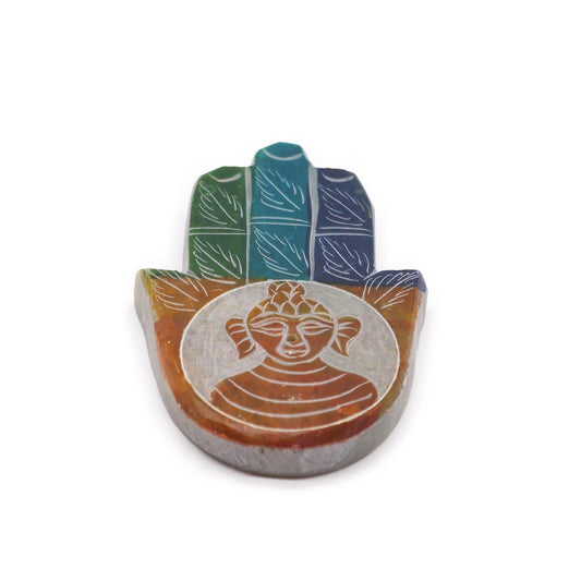 Porte-encens en stéatite — Main de Fatma et Bouddha, 9 × 6 cm