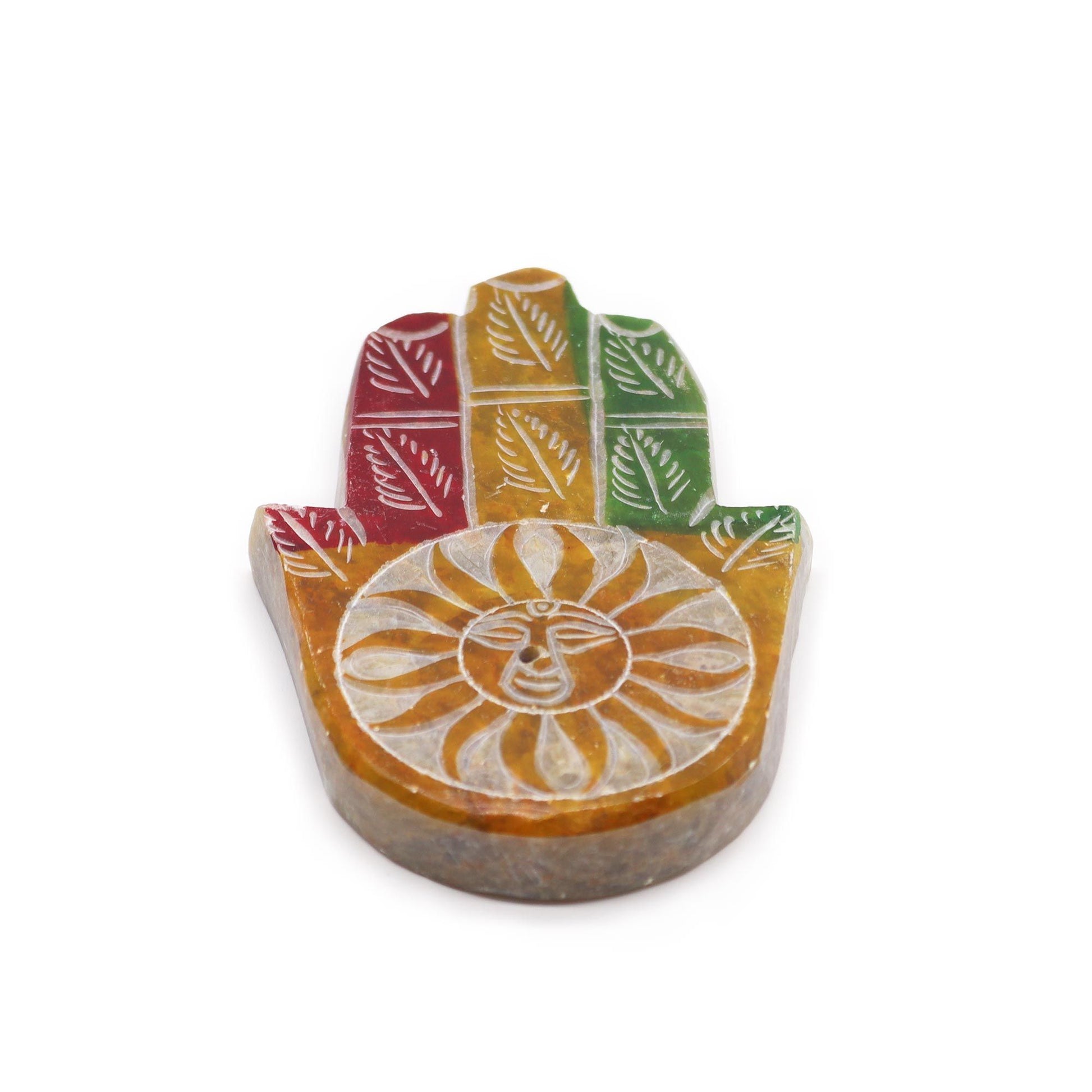 Porte-encens en stéatite — Main de Fatma et soleil, 9 × 6 cm