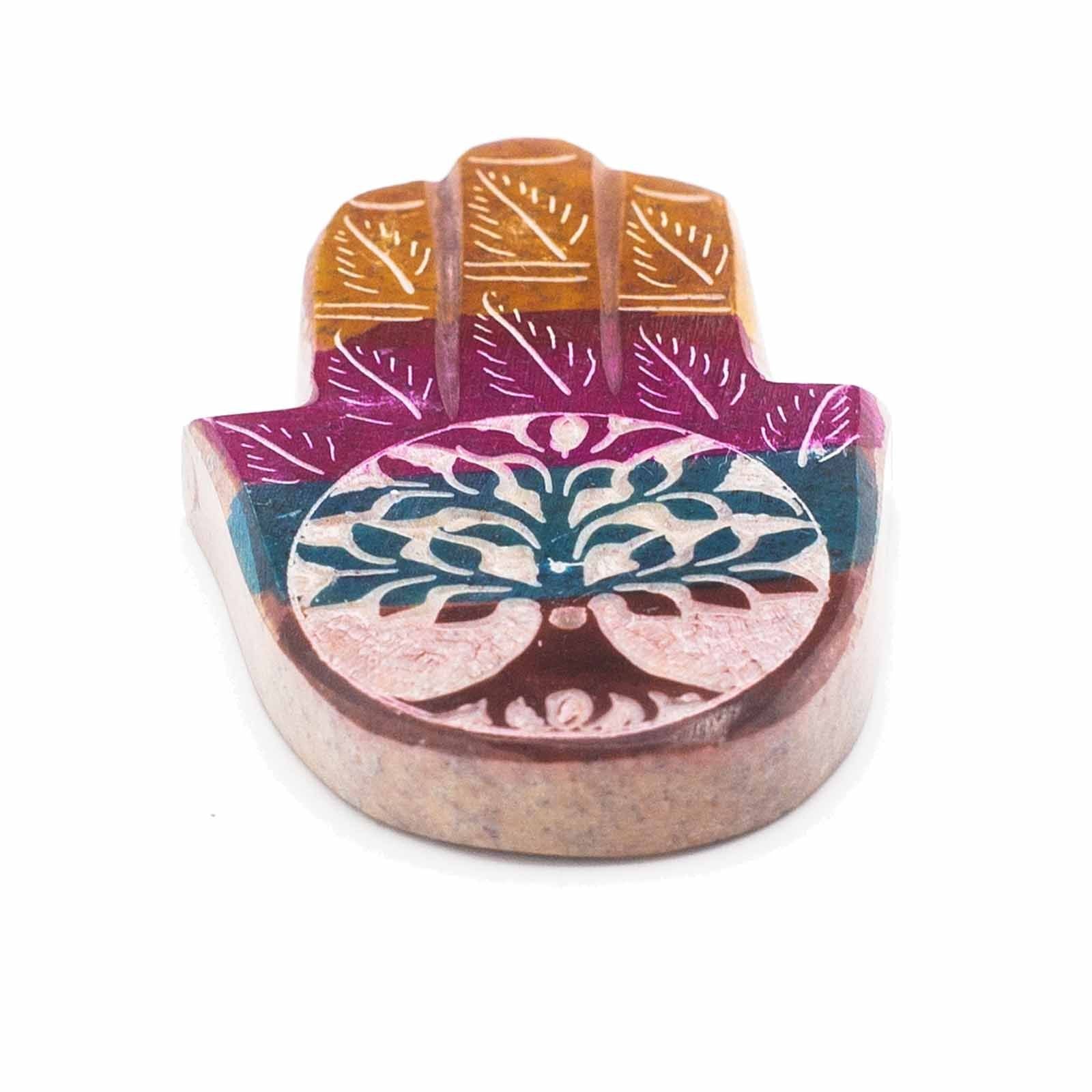 Porte-encens en stéatite — Main de Fatma et arbre de vie, 9 × 6 cm