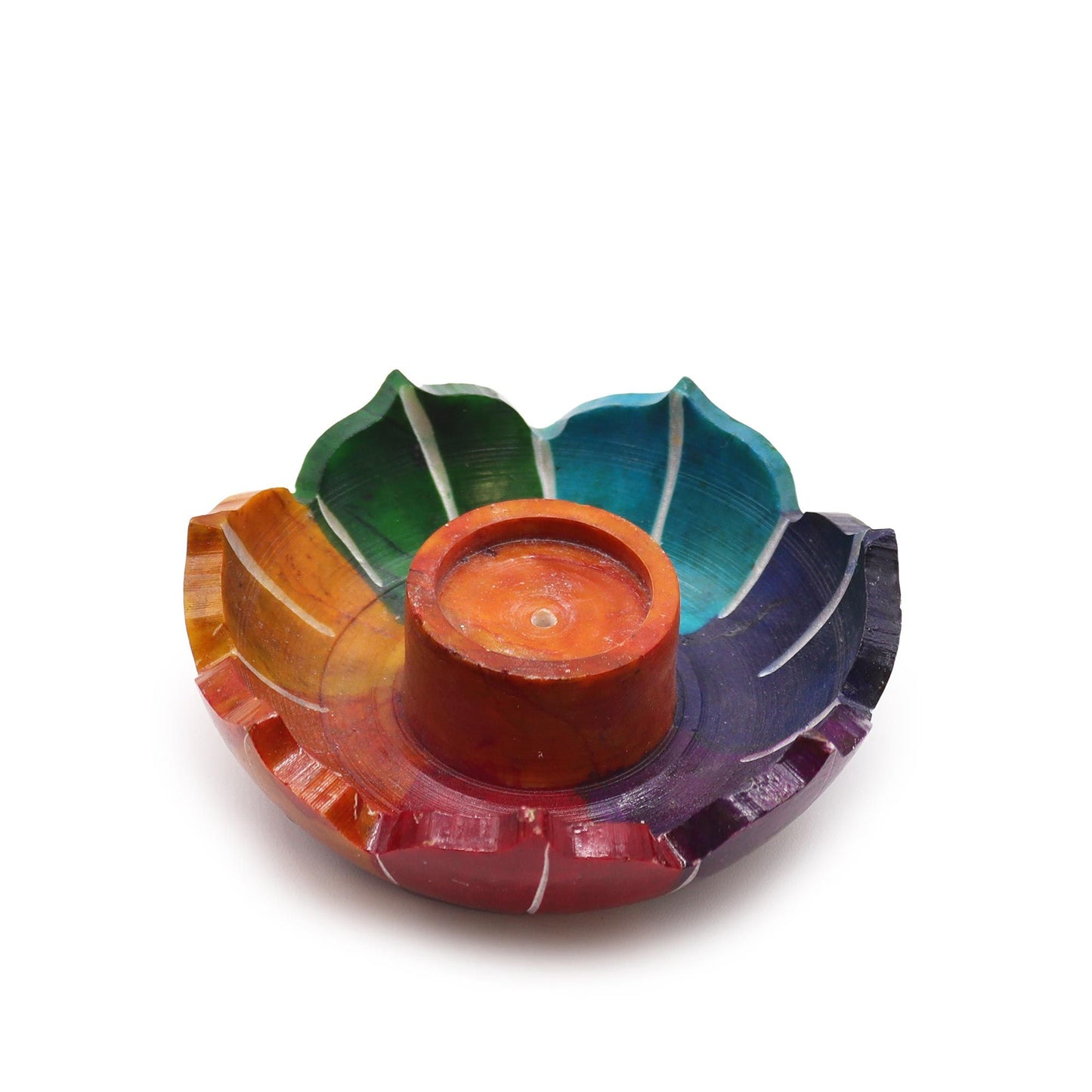 Porte-encens en stéatite — Petite fleur de lotus aux couleurs des chakras, 7,5 cm