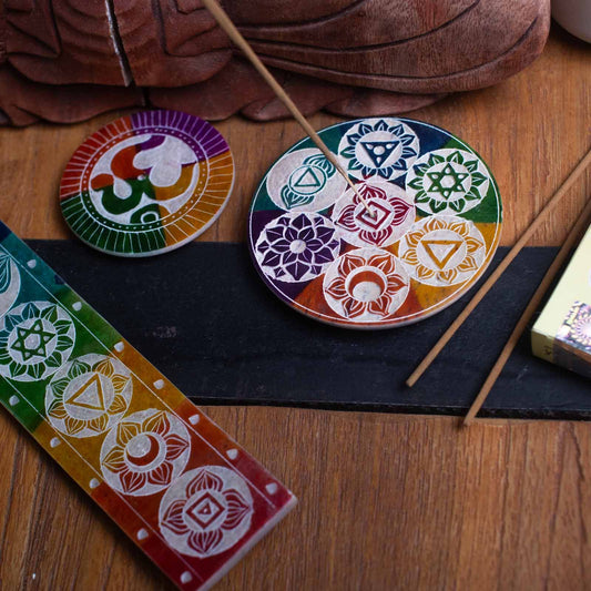 Porte-encens en stéatite — Sept chakras, 26 × 5 cm