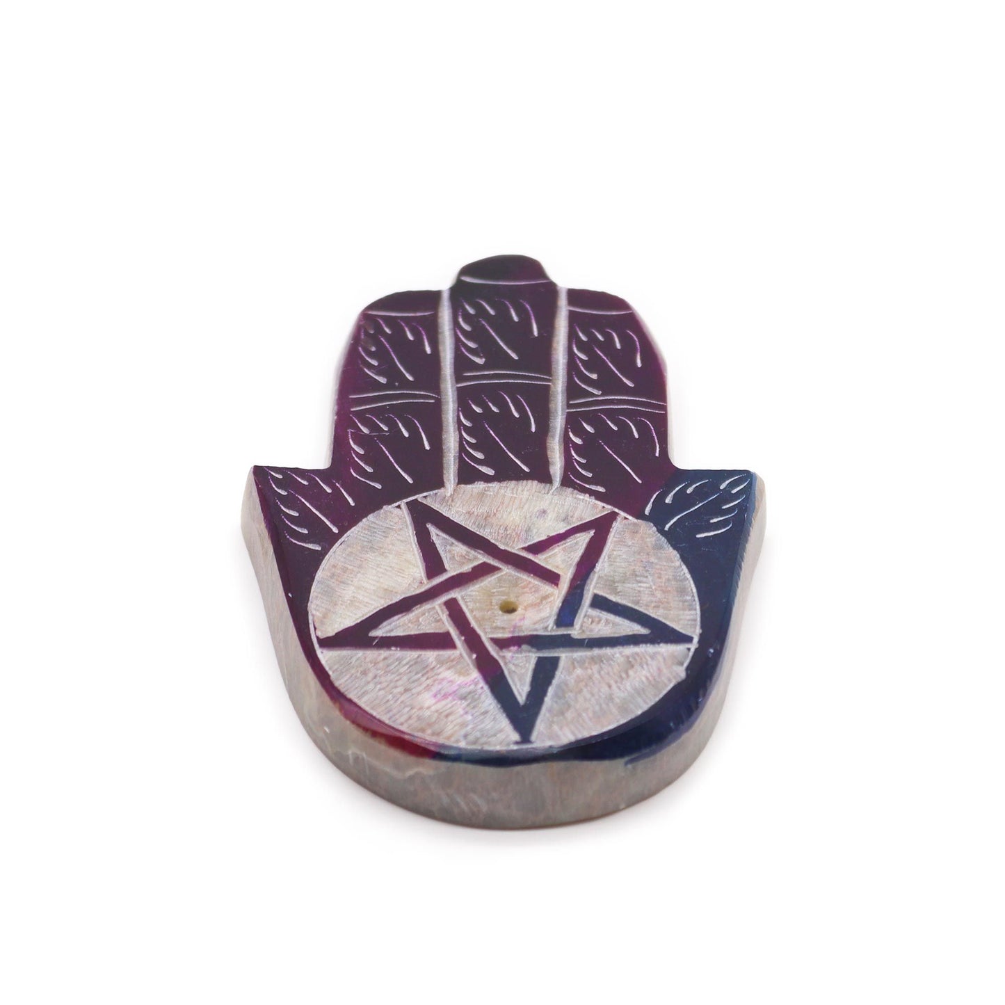 Porte-encens en stéatite — Main de Fatma et pentagramme, 9 × 6 cm