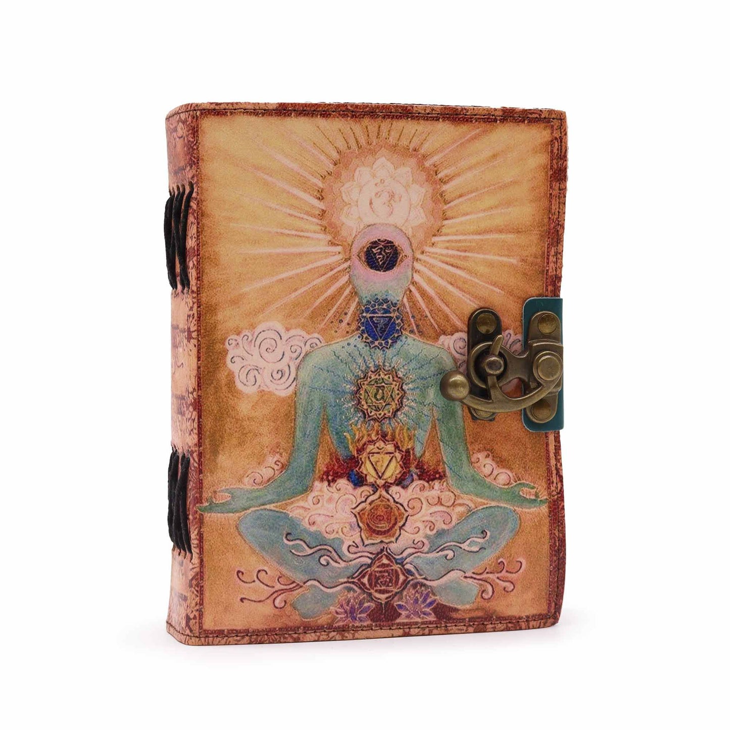 Carnet en cuir — Bouddha & sept chakras, 17,5 × 12,5 cm