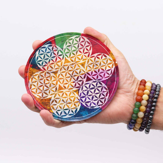 Porte-encens en stéatite — Disque aux sept fleurs de vie, 12 cm