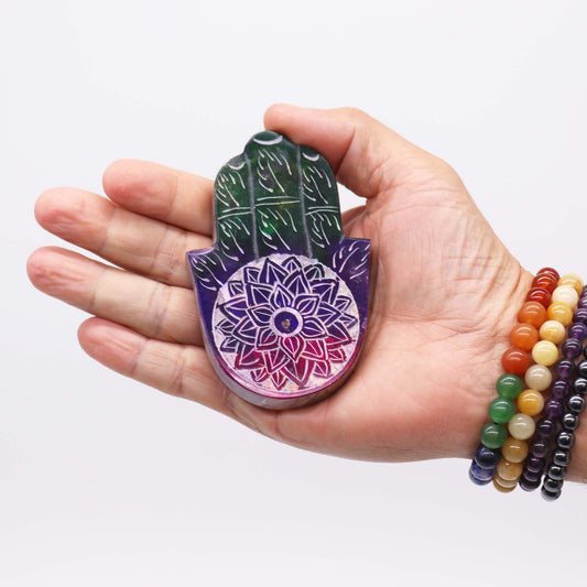 Porte-encens en stéatite — Main de Fatma et fleur de lotus, 9 × 6 cm