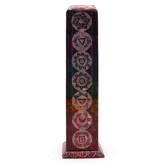 Porte-encens en stéatite — Tour carrée sept chakras, 25 cm