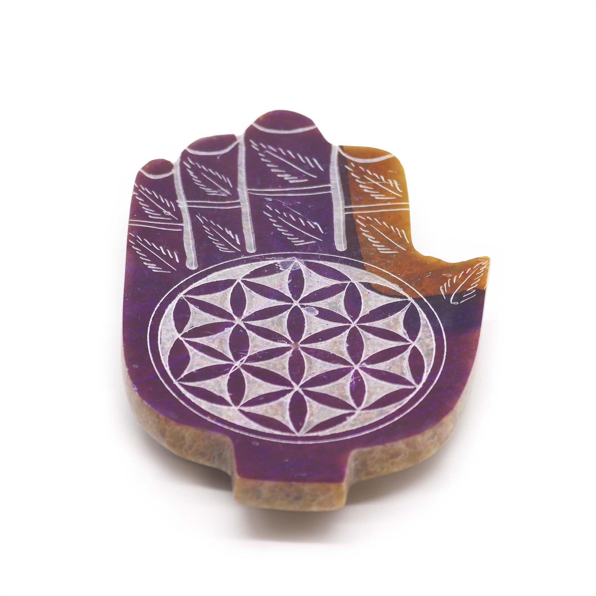 Porte-encens en stéatite — Main de Fatma et fleur de vie, 13 × 9 cm